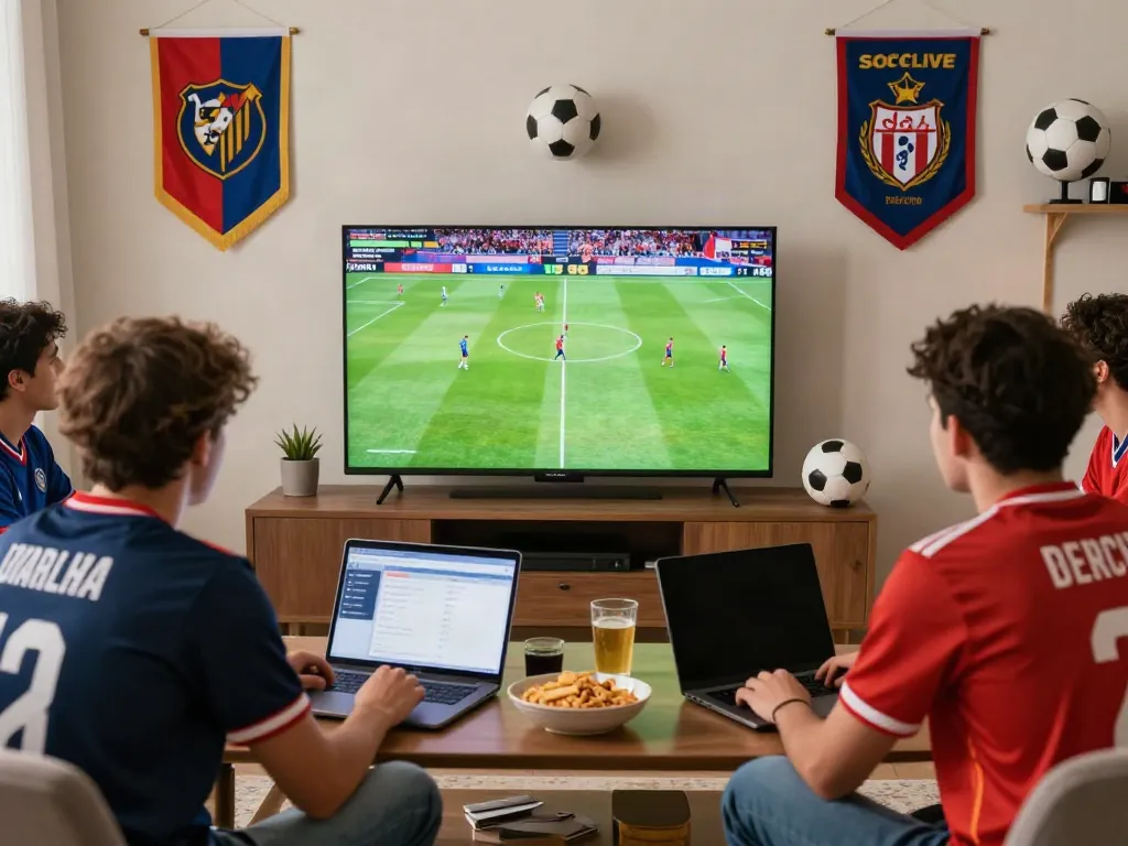 Football enthusiasts enjoying a live match streaming on Socolive in a warm, vibrant living room setting.