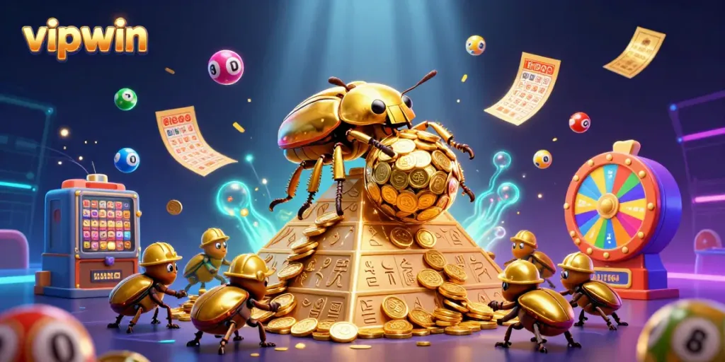 Engage with vipwin's dynamic casino scene featuring golden beetles and lottery elements.