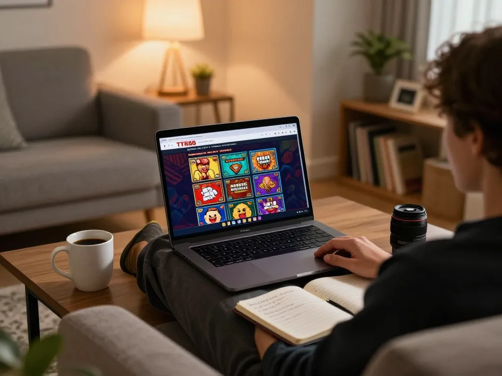Person engaging in TR88 online gambling while analyzing strategies in a cozy living room.