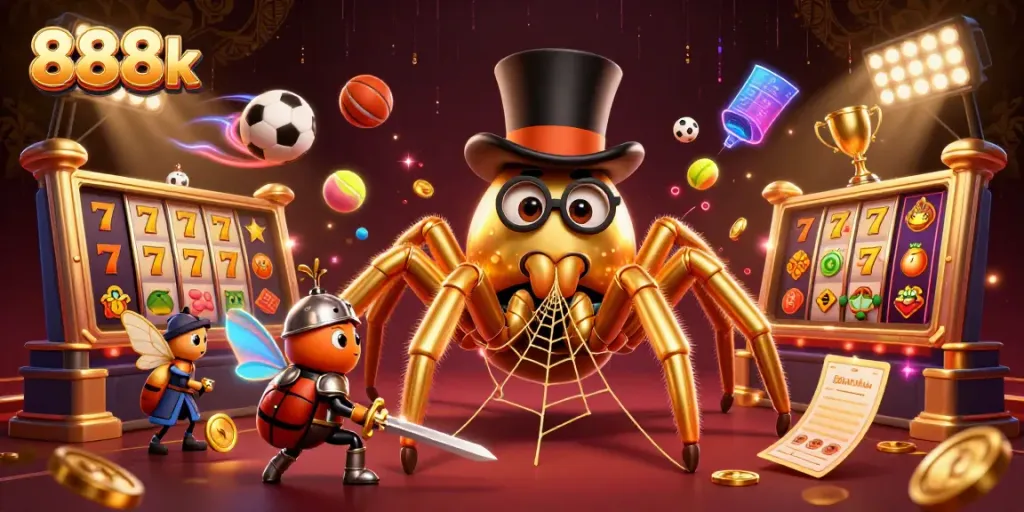 Engage in the thrill of 888k gaming with a golden tarantula and beetle knight exploring a vibrant casino world.
