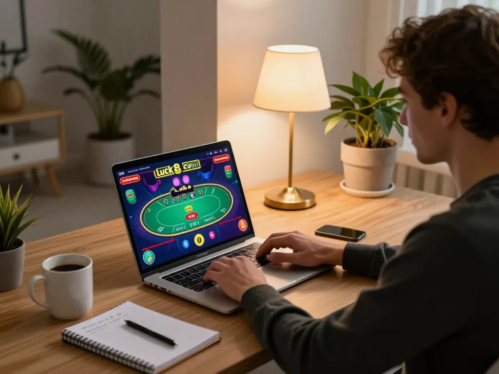 Engaging online gaming on luck8 com with a cozy home office setup.