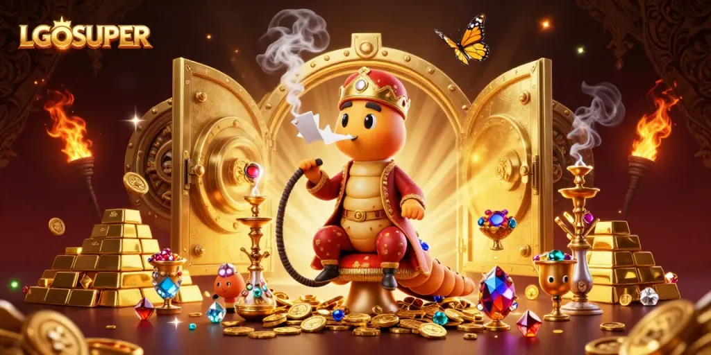 LGOSUPER transforms gaming excitement with a vibrant illustration showcasing a hookah-master caterpillar amidst symbols of wealth and poker.