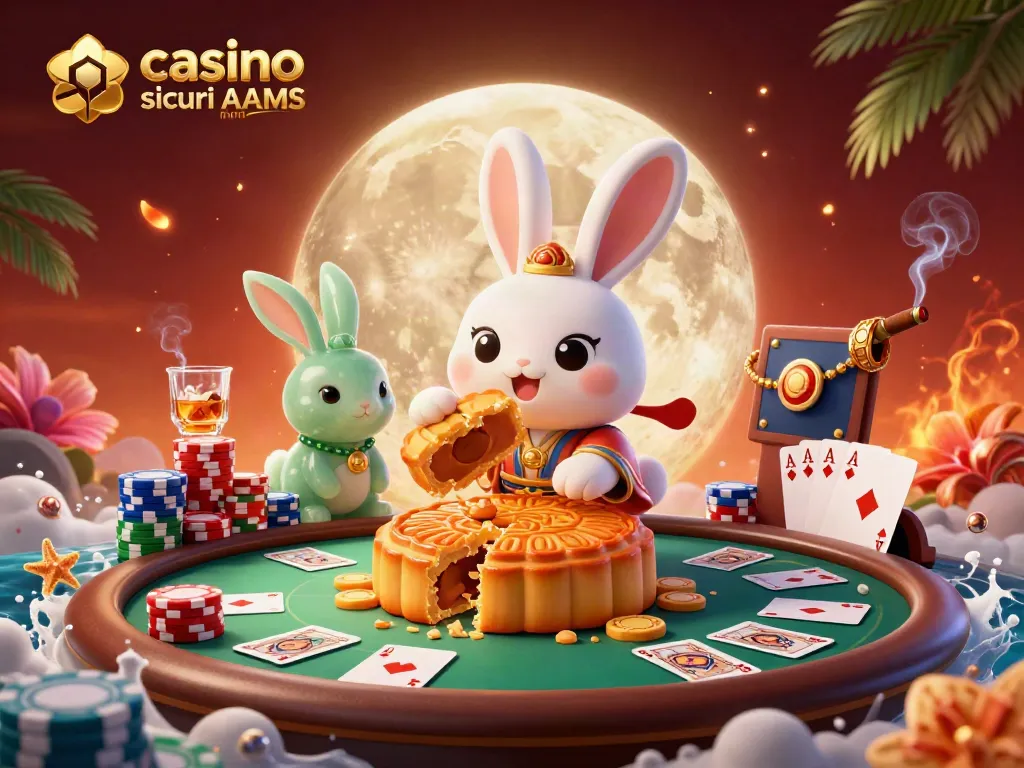 Giocare nei casino sicuri non AAMS con il coniglio della luna che batte tortini d'oro sullo sfondo di un palazzo d'oro.