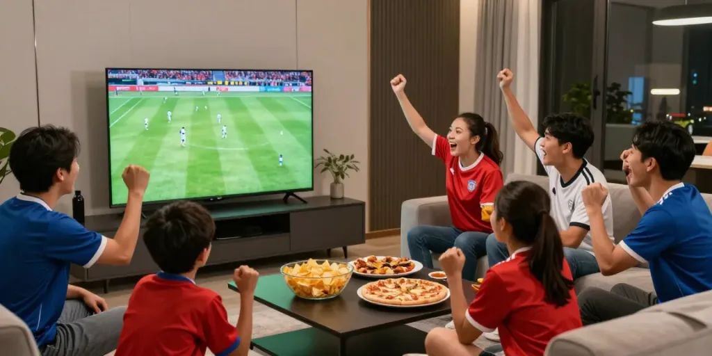 Fans enjoying a football match from https://cakhiatv.team/ in a lively living room setting.