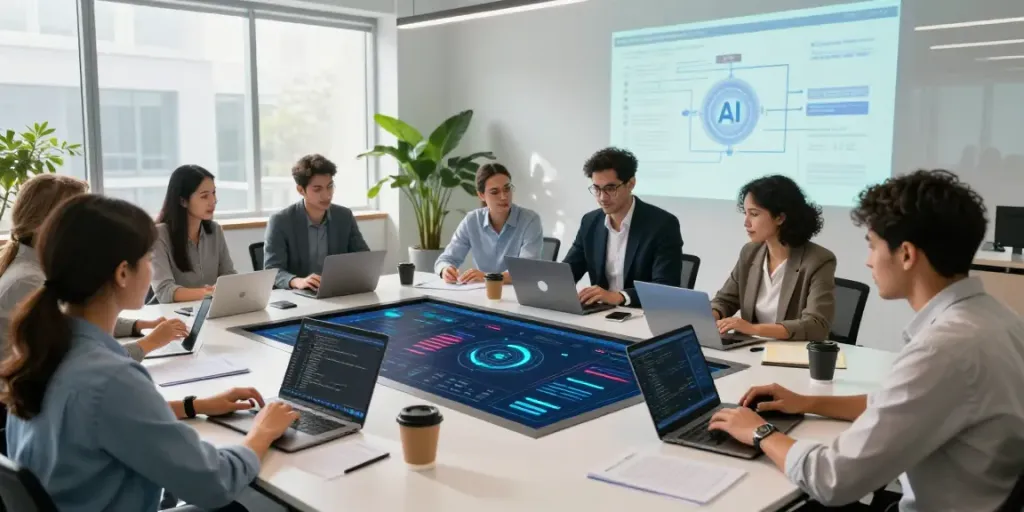 Team collaborating on enterprise AI solutions in a modern office setting.