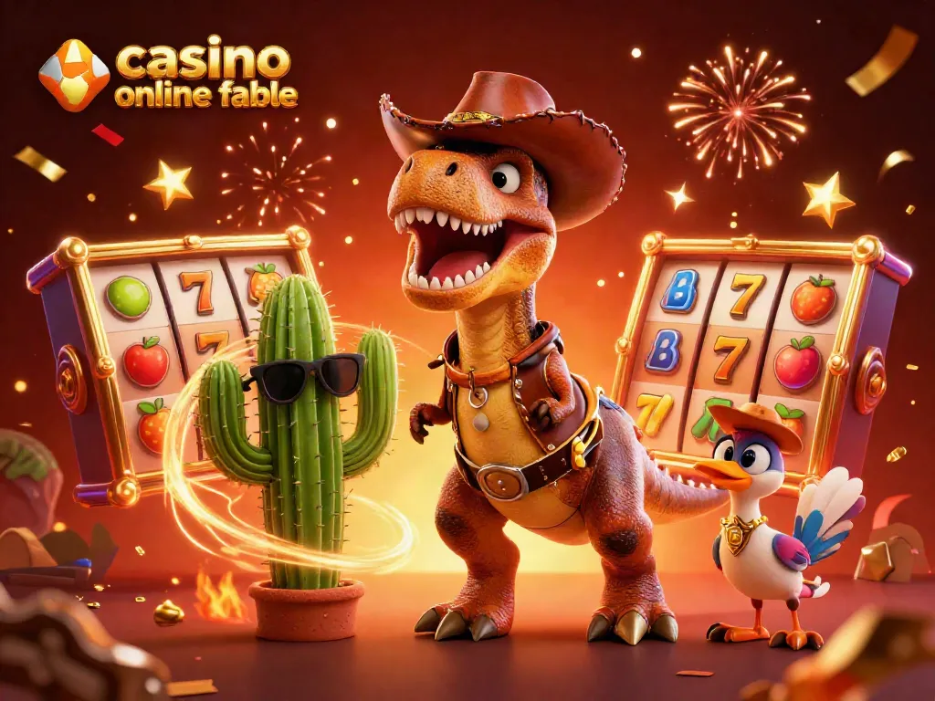 Cascos del dinosaurio T-Rex en un casino online fiable con símbolos de tragamonedas y confeti