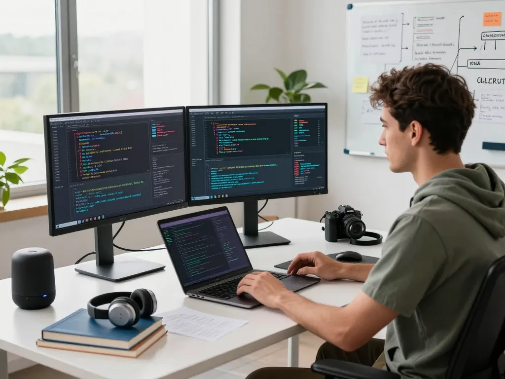 Software engineer coding in a modern workspace focused on complex algorithms with hbet tools and tech gadgets.