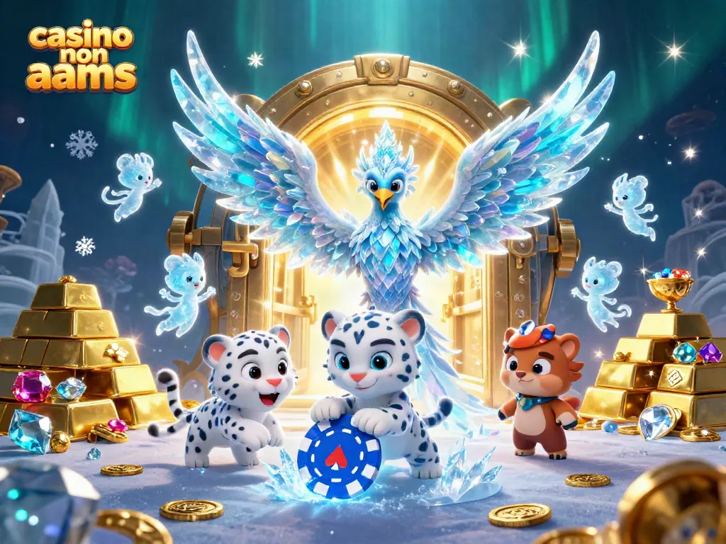 Il casinò non AAMS offre un'illustrazione vivace di una fenice di ghiaccio e un leopardo delle nevi nell'atmosfera del gioco d'azzardo.