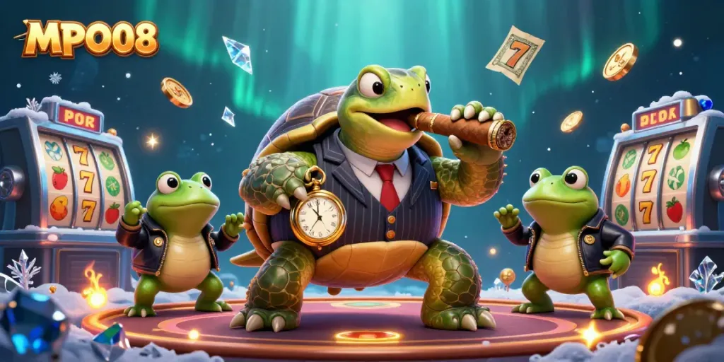 MPO08 showcases a lively scene with a mobster turtle, bullfrogs, and dynamic slot game elements.