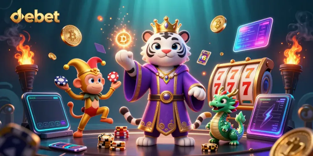 Experience the excitement of debet's casino with slot reels and vibrant characters in a colorful environment.