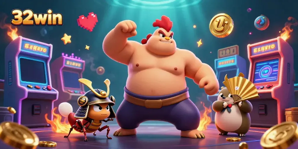 32win exciting gaming illustration featuring powerful characters in a vibrant casino scene.