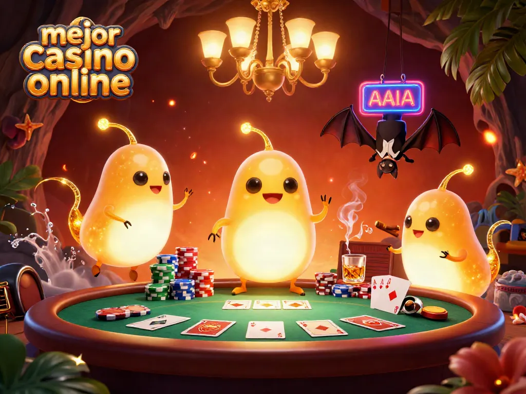 Disfruta de la emoción del mejor casino online con esta cautivadora ilustración de un equipo de luciérnagas iluminando un casino.