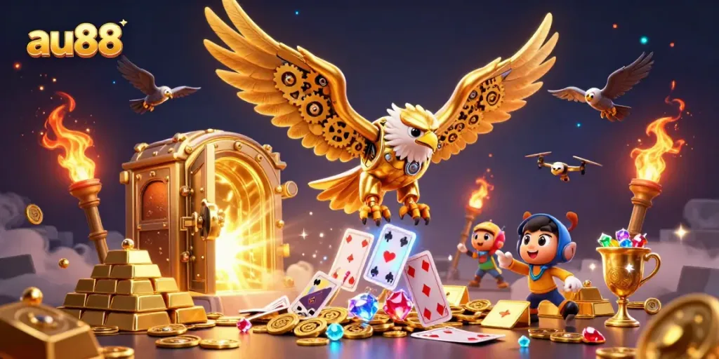 Experience the thrilling world of au88 with a 3D golden eagle amidst dynamic casino elements.
