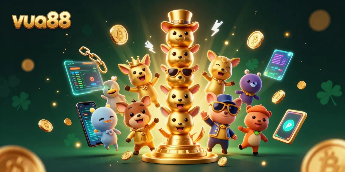 Engage with vivid vua88 casino imagery featuring animated golden totem poles and crypto elements.