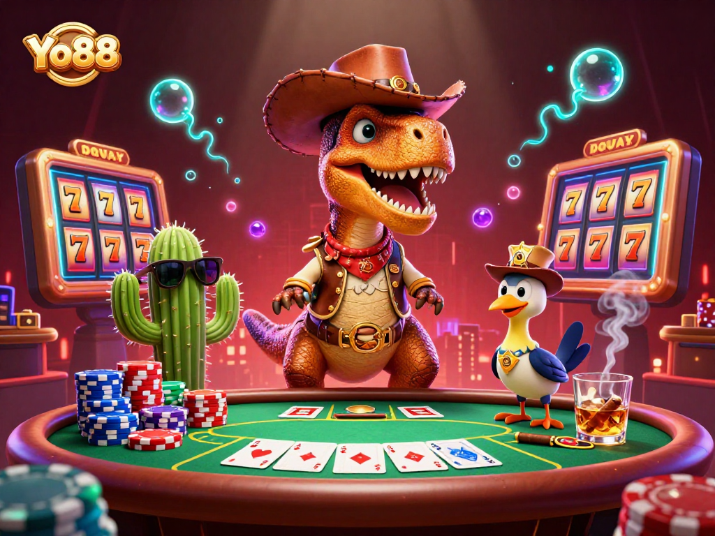 Engage with Yo88's exciting poker scene featuring a lively cowboy dinosaur and vibrant casino elements.