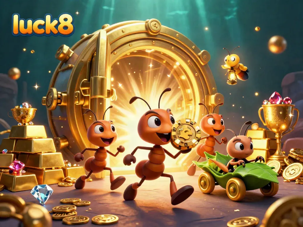 Ants on a heist carrying a golden poker chip in a vibrant luck8 casino illustration.