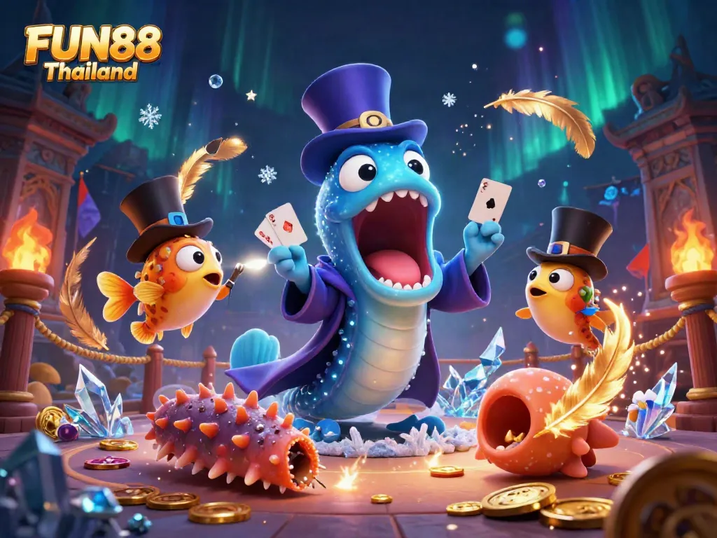 Experience magic at FUN88 Thailand with thrilling underwater creatures performing in a lively casino setting.