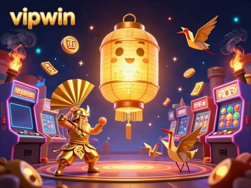 Experience thrilling gameplay with vipwin amid golden lanterns and interactive arcade elements.