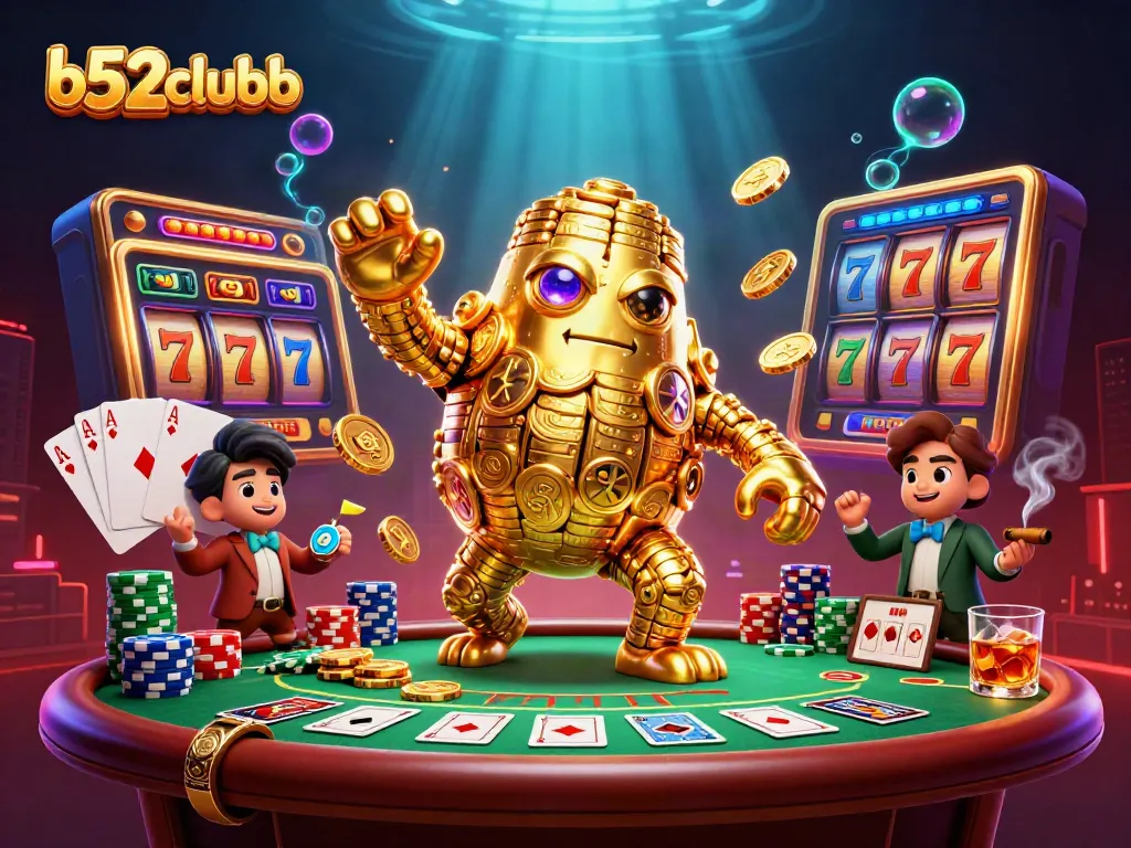 Engage with b52clubb's vibrant casino atmosphere, featuring an animated golden golem amidst dazzling slot reels and chip stacks.