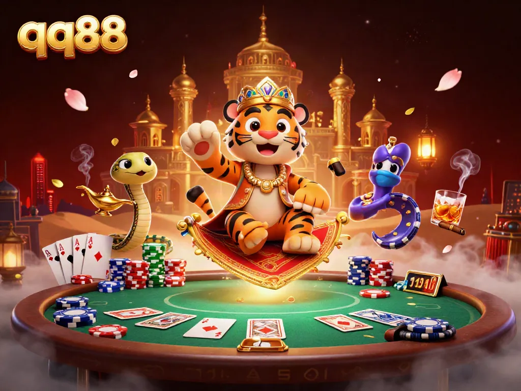 Engage with the magical world of qq88 casino games in this vibrant Arabian Nights-themed scene.