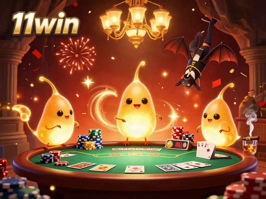 Experience the excitement of 11win with lively glowworm characters lighting up a casino scene.