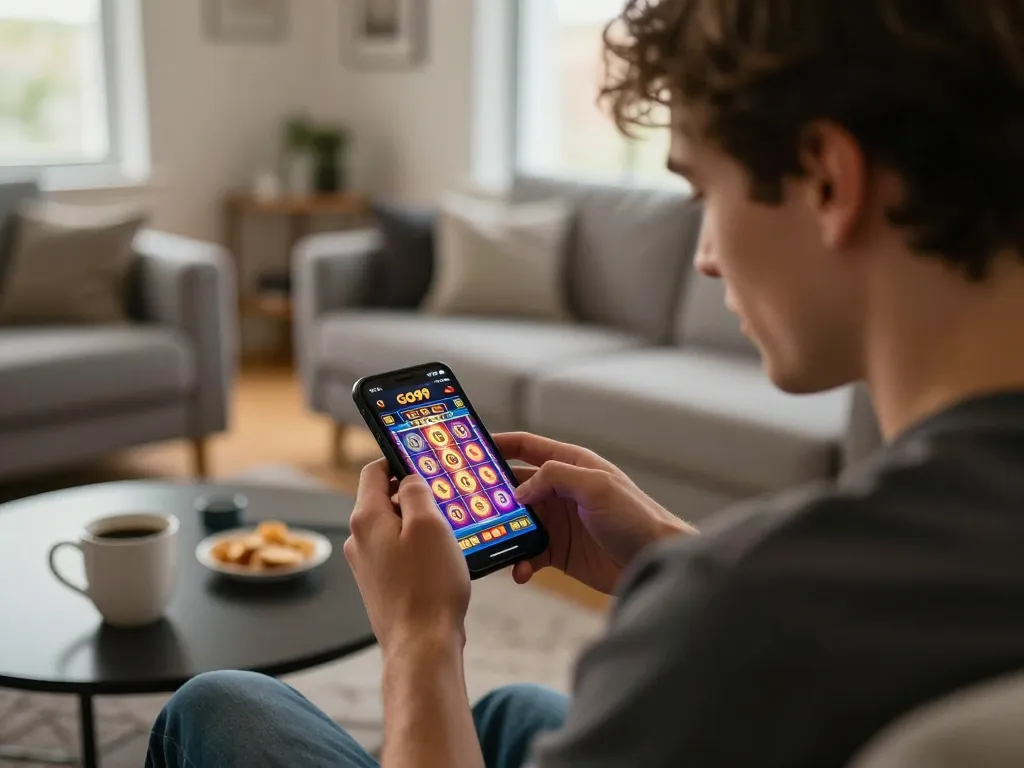 Player engaged on GO99 casino app with vibrant slot game in cozy living room, emphasizing excitement and engagement.