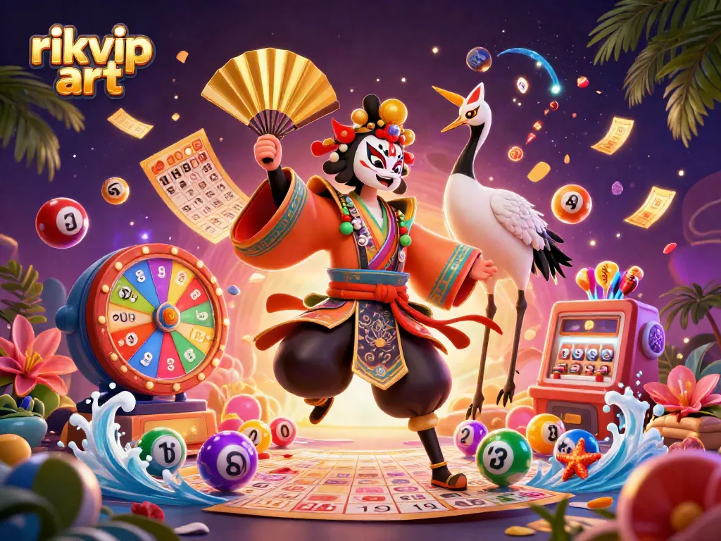 Experience the excitement of rikvip art with vibrant characters and lottery elements in a dynamic casino scene.