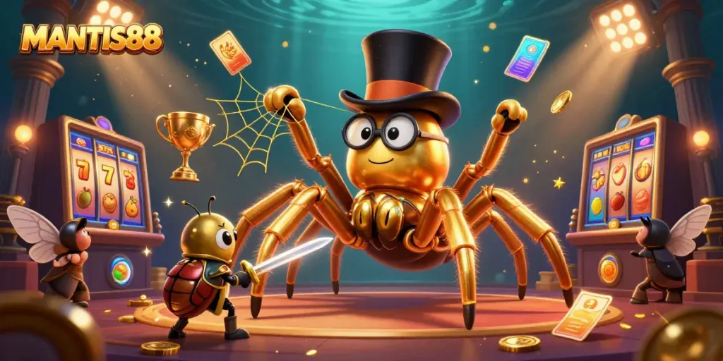 Experience the excitement at MANTIS88 with a dynamic 3D scene featuring golden arachnids, slot machines, and thrilling gameplay elements.