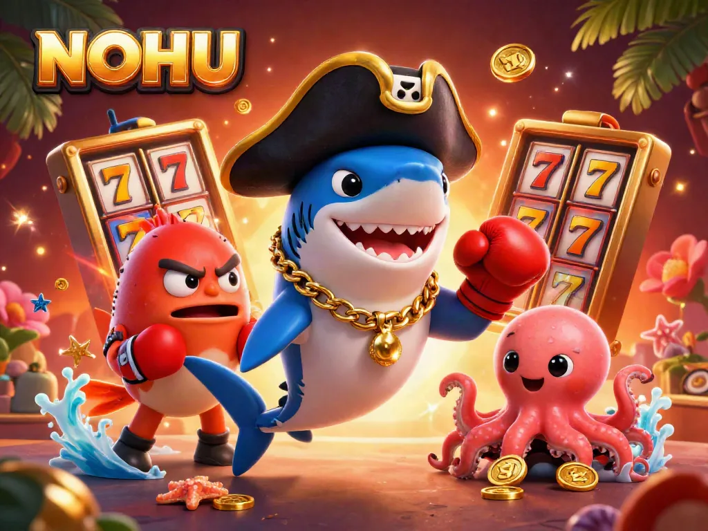 Engage with NOHU's exciting 3D illustration featuring a playful pirate shark, pufferfish, and octopus amidst casino elements.