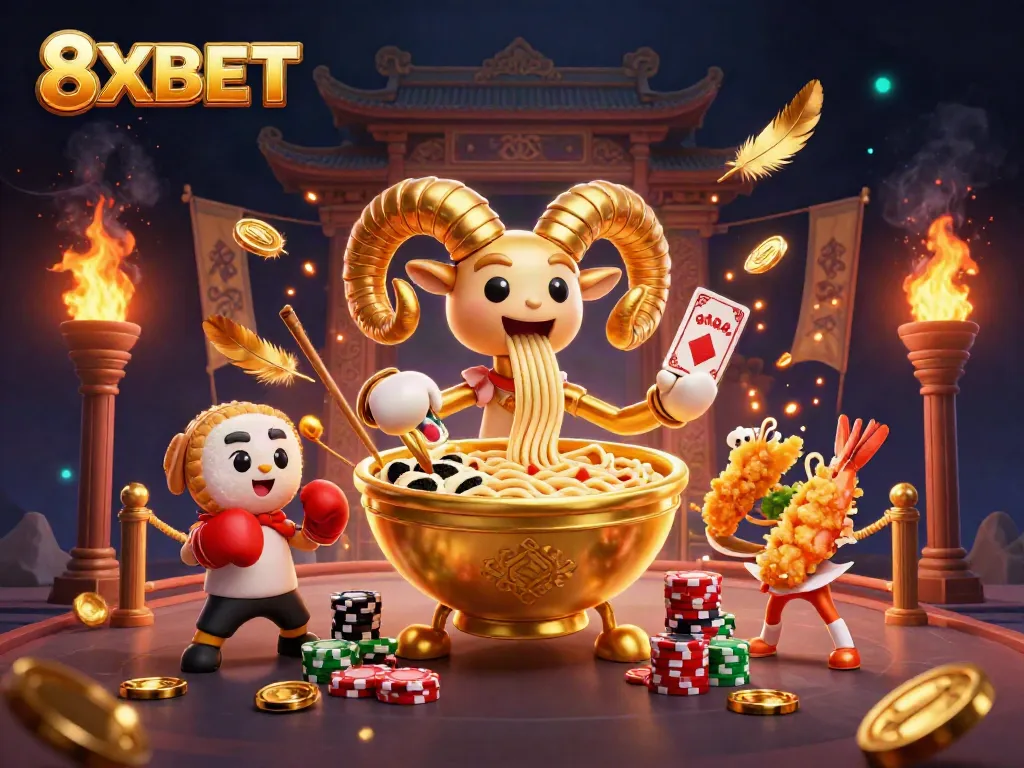 Experience 8XBET's vibrant atmosphere with a dynamic scene featuring a giant ramen bowl character amidst a vivid casino setting.