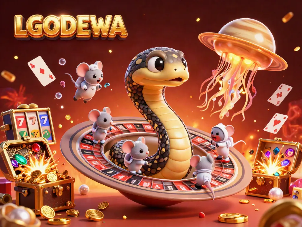 Experience excitement with LGODEWA as cosmic dealer amid vibrant animated casino elements.