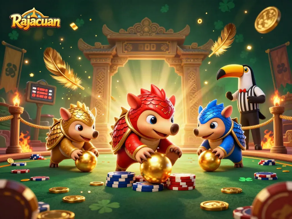 Rajacuan gameplay scene featuring pangolins battling over poker chips in an exciting digital arena.