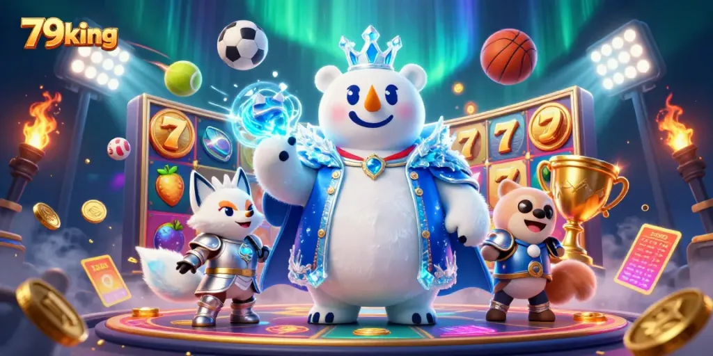 Experience the thrilling world of 79king's casino with a dynamic 3D scene featuring an ice king and snow fox amidst colorful slot game elements.