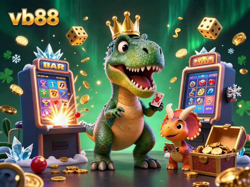 vb88 captures a T-Rex shuffling cards with a pterodactyl assistant and triceratops stacking chips in a lively casino scene.