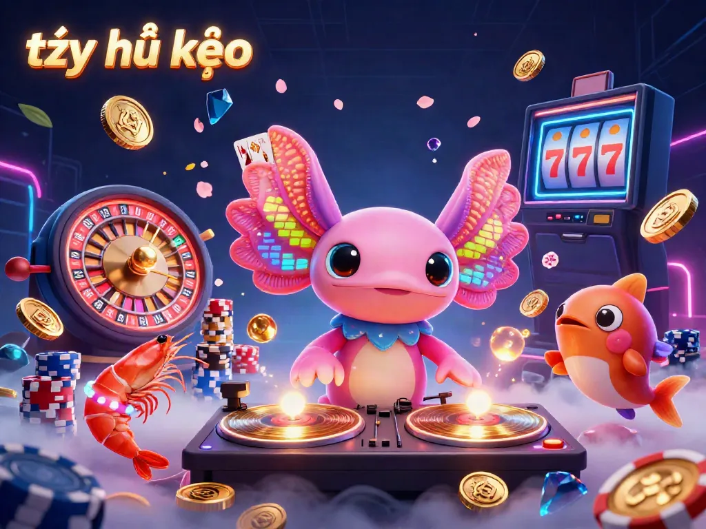 Experience the thrill of tỷ lệ kèo in this vibrant underwater casino scene with a neon-colored axolotl DJ.