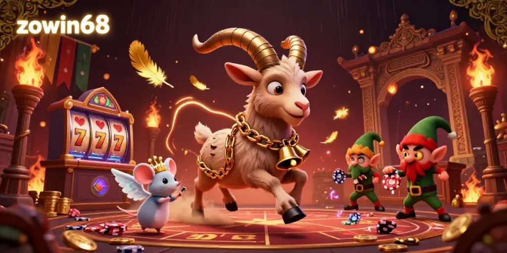 Zowin68 holiday-horror casino scene featuring Krampus goat, angel mouse, and elf gremlins in action.