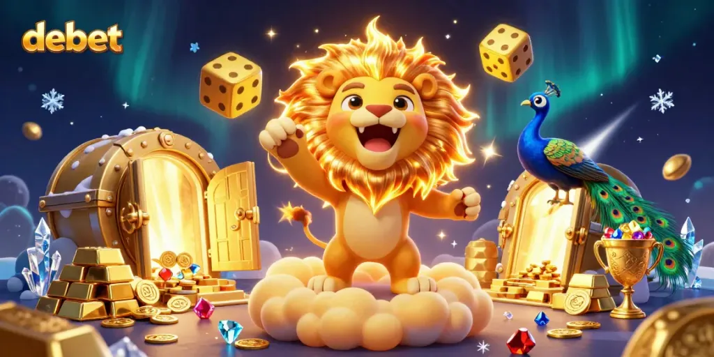 Join the thrilling world of debet with a roaring lion and golden treasures in a dynamic 3D casino scene.