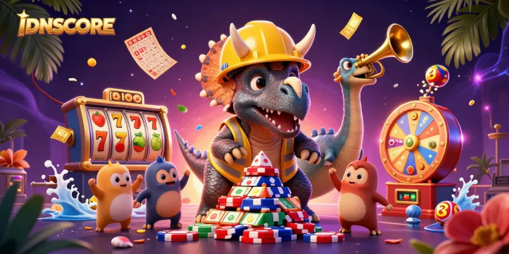 Experience exhilarating gaming at IDNSCORE with cartoon characters in a vibrant casino scene.