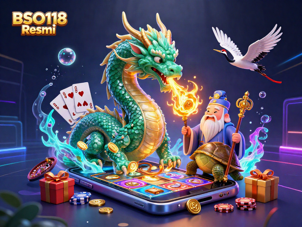Experience thrilling wins at BSO118 Resmi with a spectacular scene featuring a jade dragon, luck, and casino games.