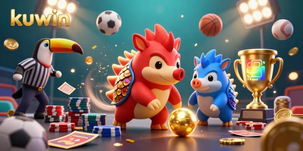 Kuwin pangolins compete in a colorful casino-themed game with poker chips and sports elements.