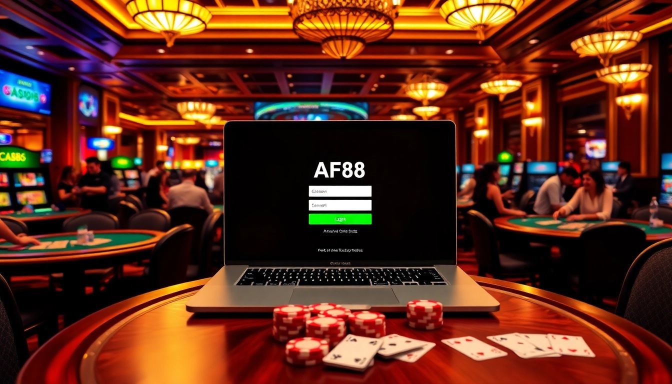 Exciting AF88 đăng nhập experience at a luxurious casino with poker chips and vibrant gaming atmosphere.