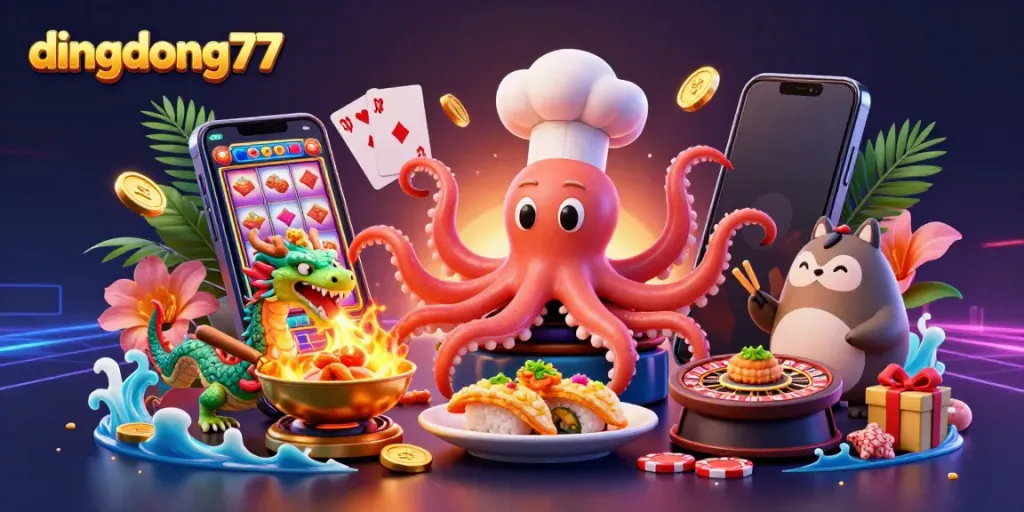 Experience thrilling winnings with dingdong77 in a vibrant 3D casino scene featuring winning slots.