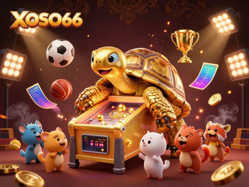 Join the excitement at XOSO66 with a vibrant scene of playful characters amid a dynamic gambling atmosphere.