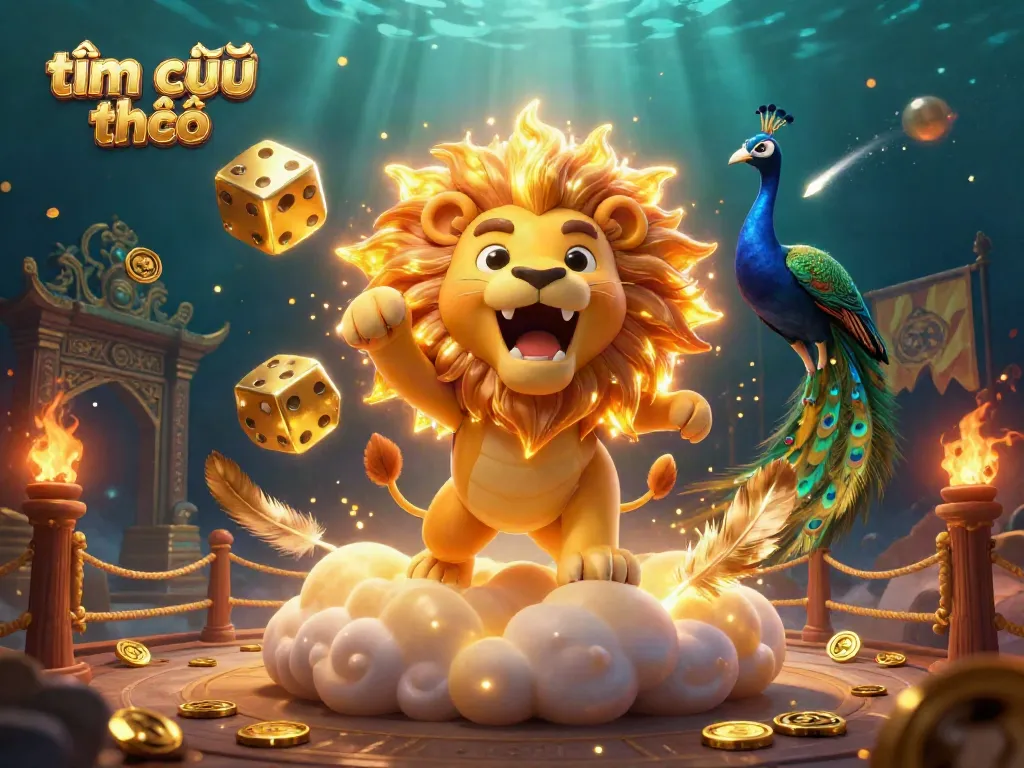 Tìm hiểu thêm and enjoy thrilling sports betting with a captivating 3D digital illustration of vibrant elements and characters, showcasing a lion and golden dice.