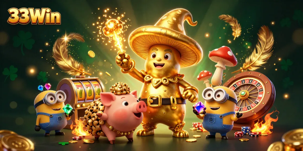Engage with 33Win's dynamic fantasy scene featuring a wizard and treasures from online gambling.