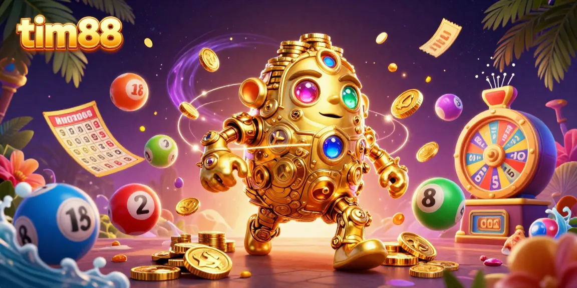 Experience the thrill of tim88 as a golden golem surrounded by vibrant lottery elements.