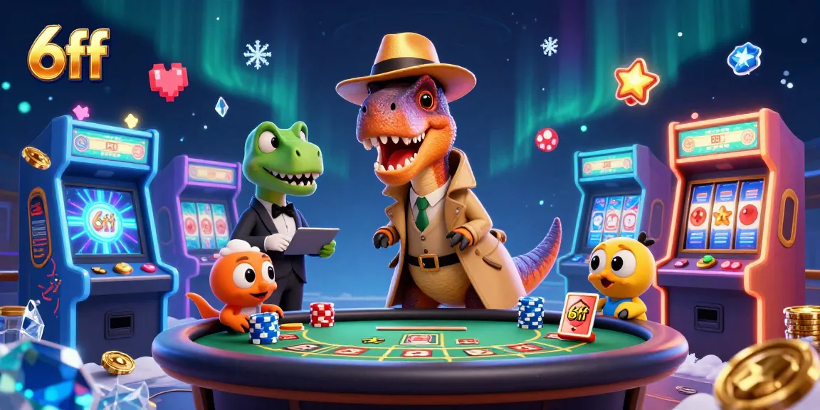 6ff enhances gaming excitement with cartoon dinosaurs at a blackjack table amidst vivid casino elements.