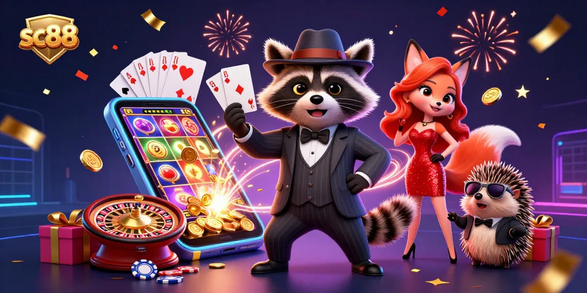 Experience thrilling gameplay at sc88 with a dynamic scene featuring a raccoon in a suit, a fox in a dress, and a hedgehog bouncer.