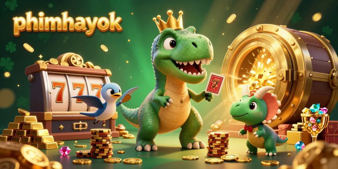 Engage with the vibrant casino scene featuring phimhayok's T-Rex dealer shuffling cards while gems and gold sparkles surround it.