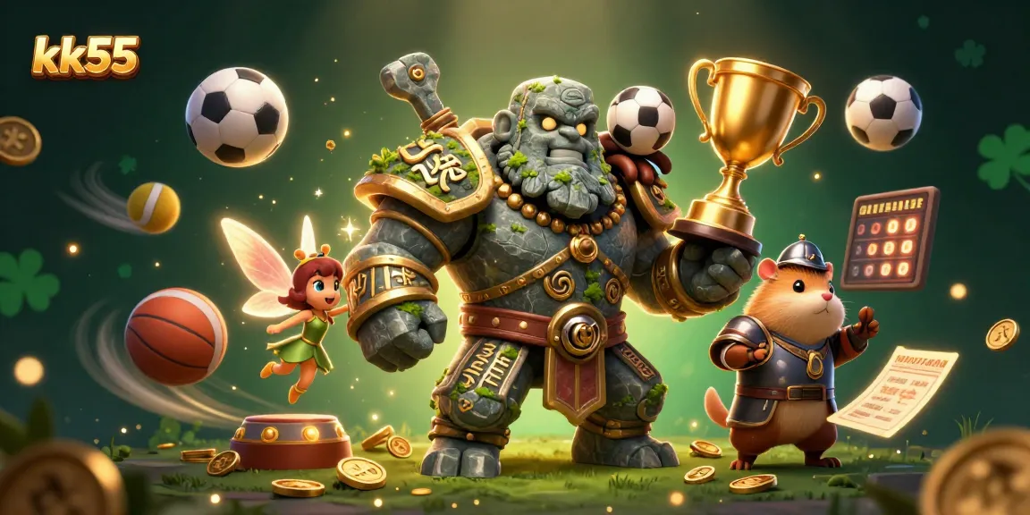 Experience kk55 magic with a dynamic 3D casino illustration of a golem, fairy, and hamster knight amidst sports betting excitement.
